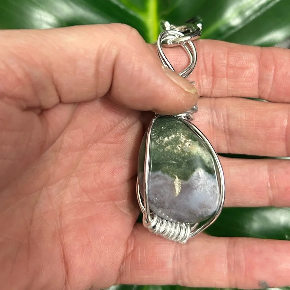 OCEAN JASPER GORGEOUS chunky wire wrapped crystal keychain pendant purse charm